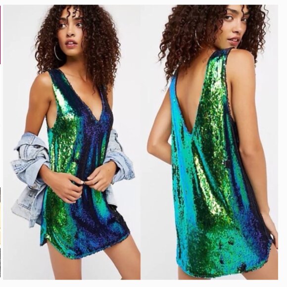 Free People Dresses & Skirts - Free People Intimately Free Sequin Shift Slip Dress Mermaid Green Small